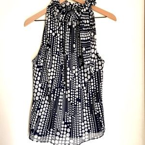 Anne Klein Blue & White Mod Sleeveless Stand Collar Bow Tie Sleeveless Blouse